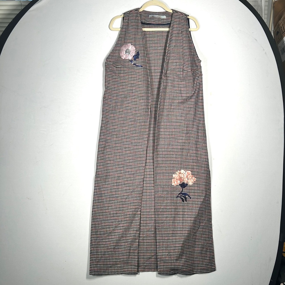 Silvia Tcherassi Flaviana Wool Blnd S Red Blue Plaid Sequin Floral Longline Vest